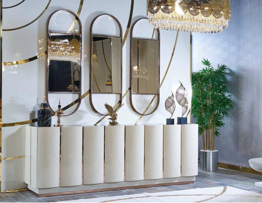 Wunnzëmmer Kommode wäiss Spigel Material Holz mat Metall Stil Modern