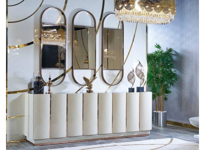 Wunnzëmmer Kommode wäiss Spigel Material Holz mat Metall Stil Modern