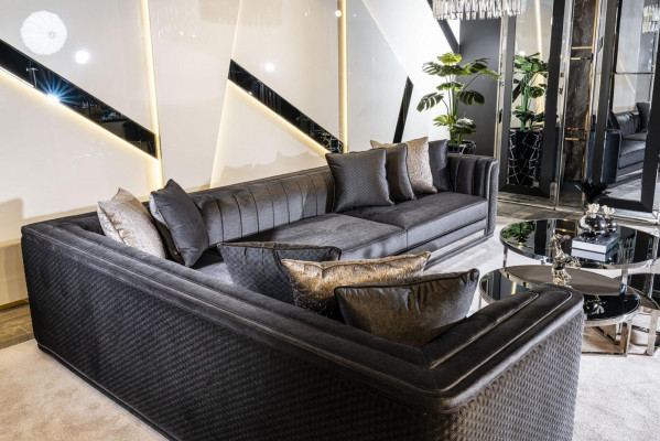 Ecksga Sofa Couch Polster Sëtz Eck Garnitur L Form Holz mat Textil Nei