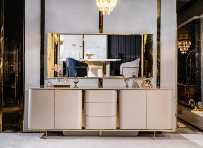 Wunnzëmmer Kommoud Spigel Material Holz mat Metall Stil Modern Béiž