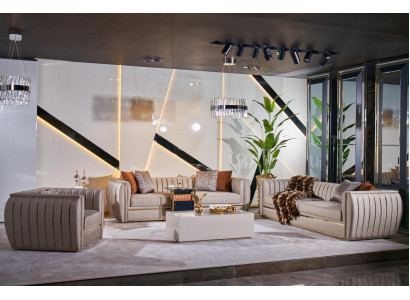 Luxus Beige Set Sofagarnitur 3+3+1 Sëtzer Couchtisch Sofa Fauteuil Sofaen 5tlg.