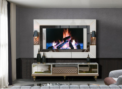 Wunnwand Garnitur RTV TV Ständer Lowboard Dësch Holz Luxus XXL Schrank