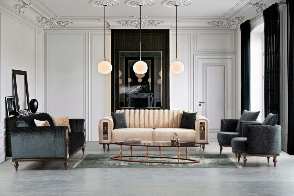 Luxus Dräisëtzer Sofa 3 Sëtzer Stoff Sofas Design Beige Textil Schwaarz