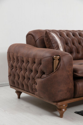 Chesterfield dräisëtzeger brong Canapé Polster Miwwele Stoff Canapéë Stoff