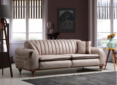 Beige dräisëtzege Chesterfield Couch Gepolsterten Miwwelen Textil Couchen Stoft.