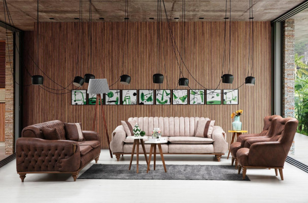 Beige dräisëtzege Chesterfield Couch Gepolsterten Miwwelen Textil Couchen Stoft.