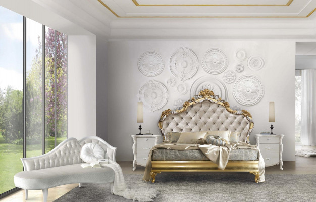 Schlofzëmmer Luxus Set 4tlg. Bett + 2x Nuetsdësch + Chaiselongue Design Läifläsch