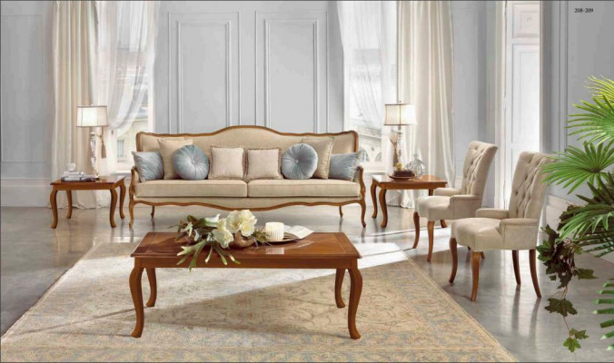 Sofasëtzung 6-Deeler Klassesch Miwwelen Sofa Fauteuil Bäistell Dësch Couchdësch Holz