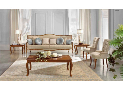 Sofasëtzung 6-Deeler Klassesch Miwwelen Sofa Fauteuil Bäistell Dësch Couchdësch Holz