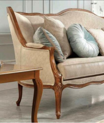 Sofasëtzung 6-Deeler Klassesch Miwwelen Sofa Fauteuil Bäistell Dësch Couchdësch Holz