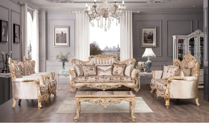 Sofagarnitur Canapé-Set Sofa Fotell Gepolstert Miwwel Dësch 5 Stéck Neien
