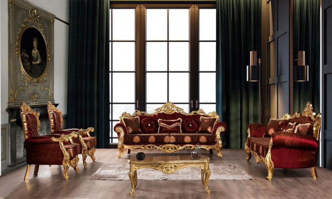 Luxus dräisëtzeger Canapé Polster Miwwelen Samt Barock Rout 3 Sëtz Sofa Nei
