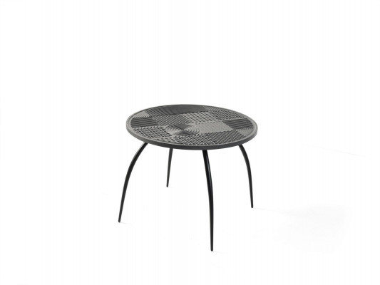 Originalen schwaarzen ronnen Dësch mat geschnëtzer Dëschtëppel.