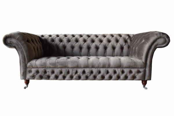 Englesch Chesterfield Sofa Couch Büro Miwwelen Dräisëtzer Samett 230cm Taupe