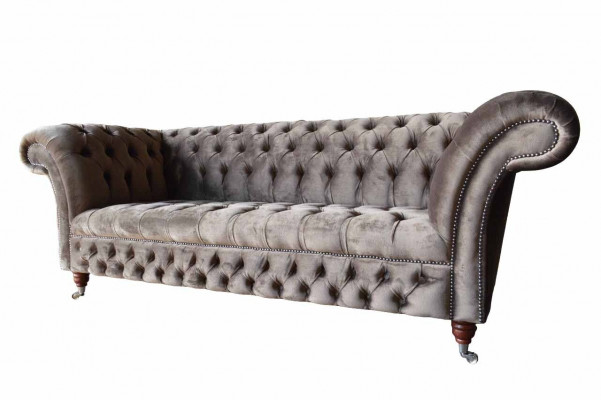 Englesch Chesterfield Sofa Couch Büro Miwwelen Dräisëtzer Samett 230cm Taupe