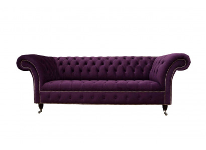 Lila Chesterfield Sofa 3 Sëtzer Chesterfield Designer Couch Textil Stoff.
