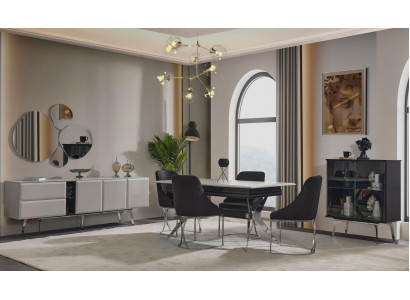 Luxus Iesszëmmer Schwaarz-Grauen Iessdësch mat 6 Still an engem Sideboard, Iessgruppen Set aus 9 Deeler.