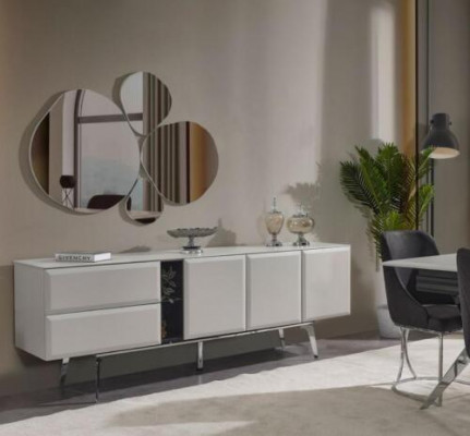 Luxus Iesszëmmer Schwaarz-Grauen Iessdësch mat 6 Still an engem Sideboard, Iessgruppen Set aus 9 Deeler.