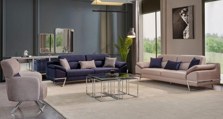 Luxus Sofagarnitur 331 Sëtzer Dräisëtzer Sofa Fotell Stoff Blo Modern