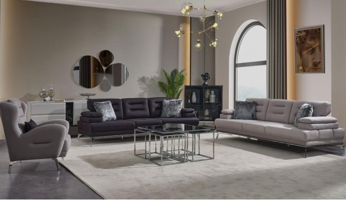 Luxus Sofagarnitur 3+3+1 Sëtzer Dräisëtzer Sofa Fotell Stoff Gro Modern