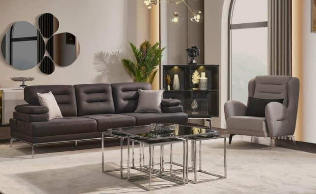 Sofagarnitur 3+1 Sëtzer Garnituren Sofa Fauteuil Stoff Schwaarz Modern Set
