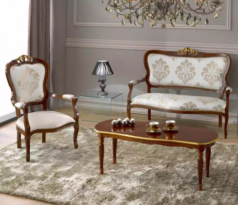 Klassesch Sëtzgrupp Zweisëtzer Fotell Dësch Designer Holzmiwwelen