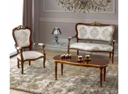 Klassesch Sëtzgrupp Zweisëtzer Fotell Dësch Designer Holzmiwwelen