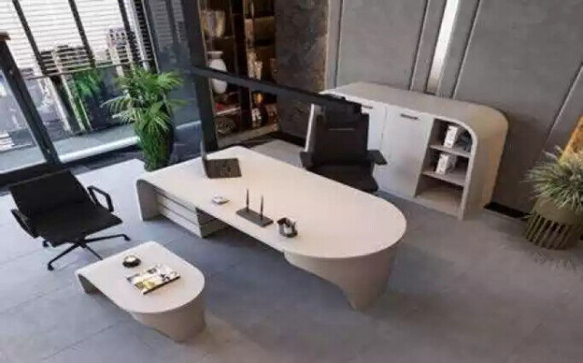 Wäisst Büro Set Chef Schreifdësch Oval Kaffisdësch Akteschaf Regal 3tlg.