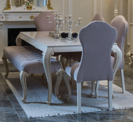 Iesszëmmer Set Design Garnitur 6tlg. Holz Miwwelen 4x Stull Dësch Hocker Grupp Neij