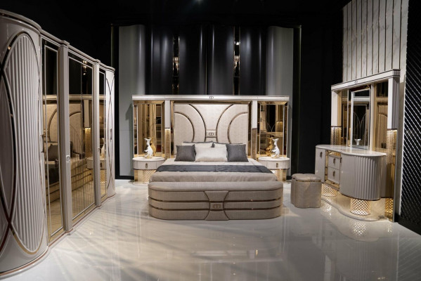 Schlofzëmmer-Set Komplette Bett 2x Nuetsdëscher Kleederschaf Nei 7 Deeler