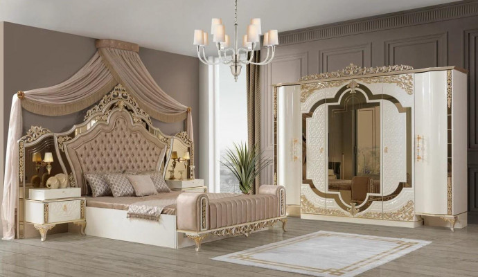 Schlofkummer-Set Bett 2x Nuetsdëscher Design Luxus nei 5tlg wäiss