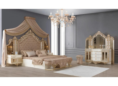Schlofzëmmer Set Bett 2x Nuetsdëscher Schminktisch mat-Spigl Luxus nei