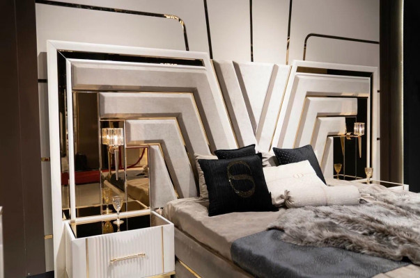 Schlofzëmmer Set Bett 2x Nuetsdëscher Luxus nei 3tlg Design Modern Holz