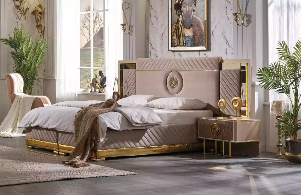 Luxus Bett 2x Nuetsdësch Set Better Nei Duebelbett Schlofzëmmer-Set 3 Deeler