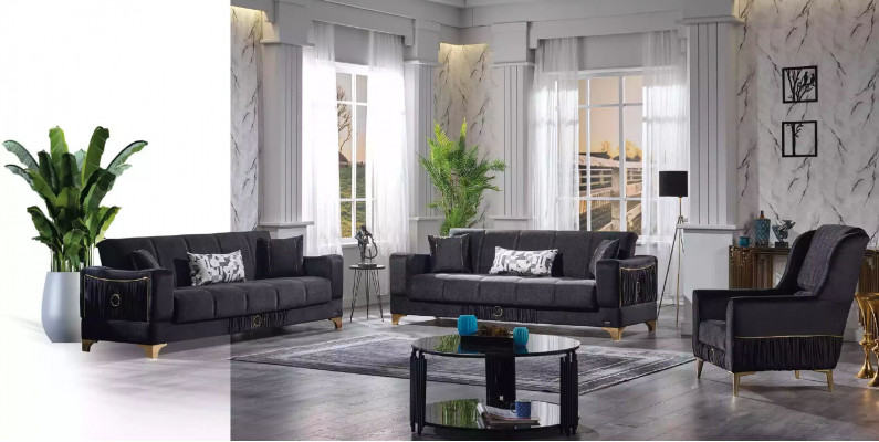 Schwaarzen Dräisëtzer Luxus Couch Wunnzëmmer 3-Sëtzer Polster Couchen Sofa
