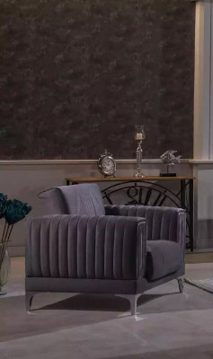 Groue Sessel Polster Einsëtzer Wunnzëmmer Miwwelen Holzgestell Textil