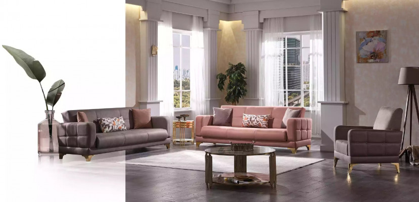 Rosa Drësätz-Sofa: 3-Sëtz Couch, Wunnzëmmer Sëtzméiwele, Designer Sofas