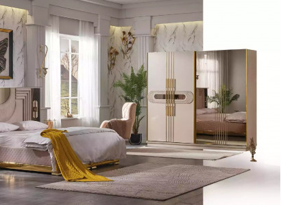 Beige Schlofkummer Set Bett 2x Nuetsdëscher Schafsmier Duschdësch