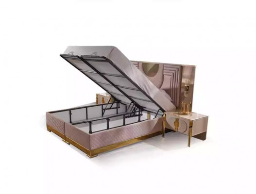 Beige Schlofkummer Set Bett 2x Nuetsdëscher Schafsmier Duschdësch