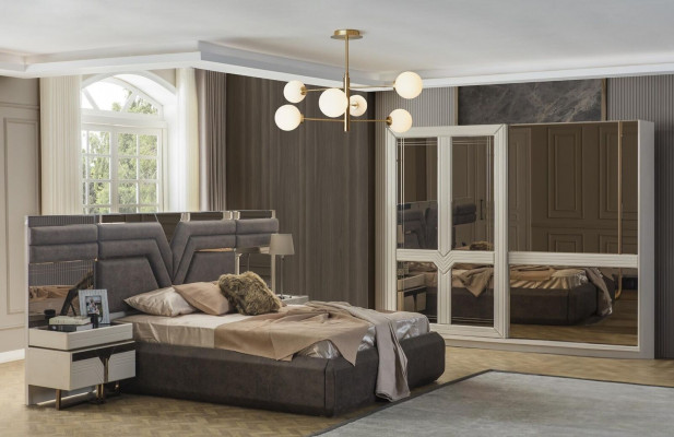 Schlofzëmmer-Garnitur duebel Bett, Bett-Nuechtstëscher 4-Teileg Gri, Schaf