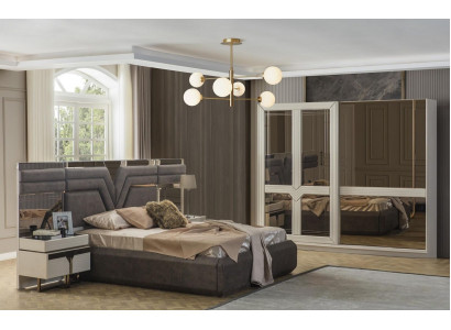 Schlofzëmmer-Garnitur duebel Bett, Bett-Nuechtstëscher 4-Teileg Gri, Schaf