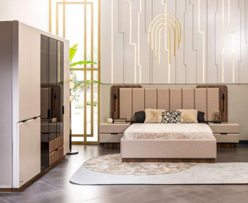 Luxus Duebelbett Garnitur Schlofzëmmer Nuetsdëscher 4 Deeler Beige Schaf