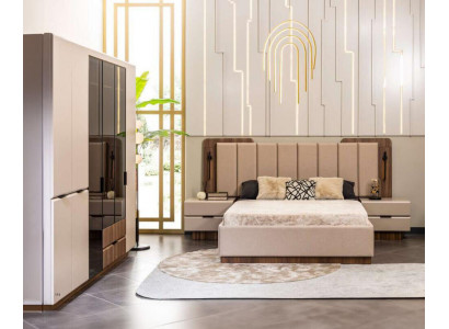 Luxus Duebelbett Garnitur Schlofzëmmer Nuetsdëscher 4 Deeler Beige Schaf