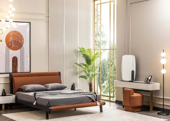 Komplett Schlofzëmmer Duebelbett Bett Nuetsdëscher Orange Konsole 5tlg