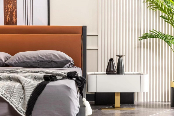 Komplett Schlofzëmmer Duebelbett Bett Nuetsdëscher Orange Konsole 5tlg
