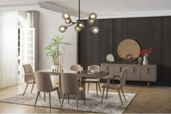 Luxus Iesseck Iesszëmmer Iessdësch Iessgrupp Still Griis Holz Set 9 Stécker