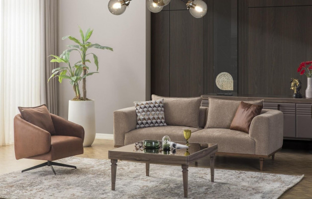 Canapé-Set Dräisëtzer Still Gepolstert Sofa Modern Stoffséi Braun Set