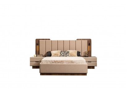 Komplett Schlofzëmmer Duebelbett Bett Nuetsdëscher Beige Stoff 3-Stéck.