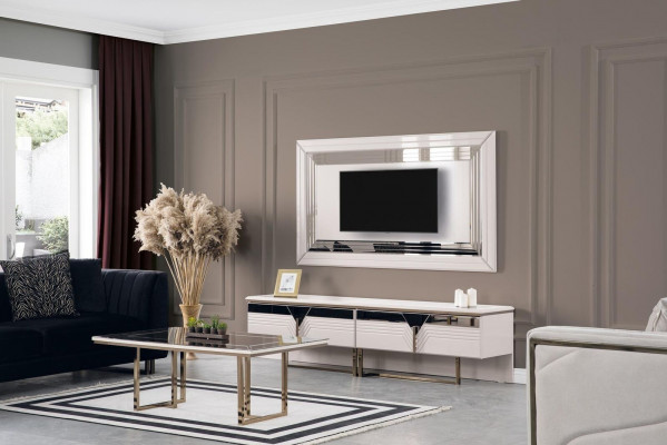 Wunnwand TV Stänner Wandpanel Lowboard RTV Wäiss Holz Sideboard Modern