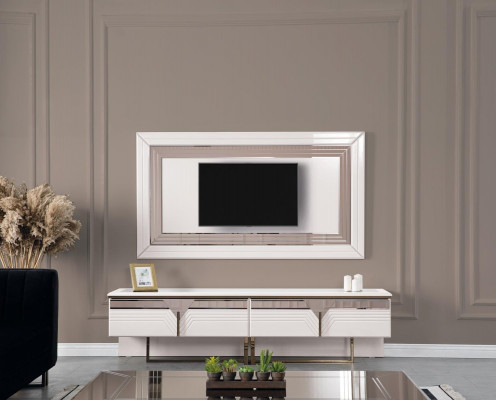 Wunnwand TV Stänner Wandpanel Lowboard RTV Wäiss Holz Sideboard Modern
